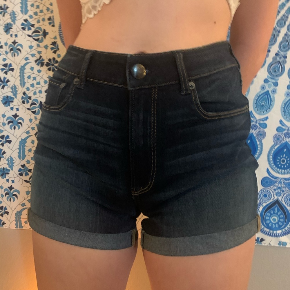 AEO dark blue denim hi-rise midi shorts